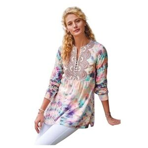 Soft Surroundings Beaded Tie Dye Bazille Tunic Size L Pastel
